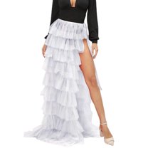 SWSMCLT Women's Maxi Ruffle Skirt Long High Low Fluffy Tutu Skirt High Side Slit Summer 80s Prom Dress Puffy Skirt White Small-X-Large