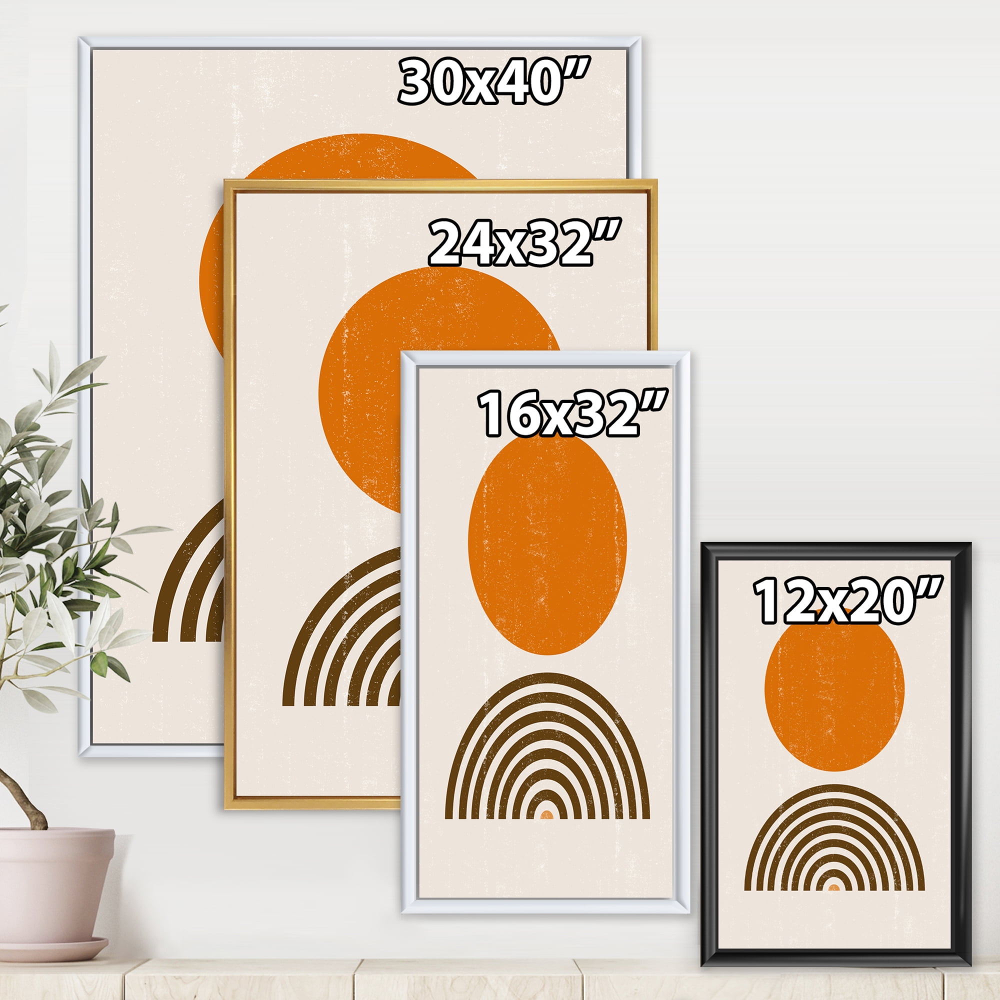 Designart 'Abstract Minimal Rainbow and Orange Sun I' Modern Framed Canvas Wall Art Print