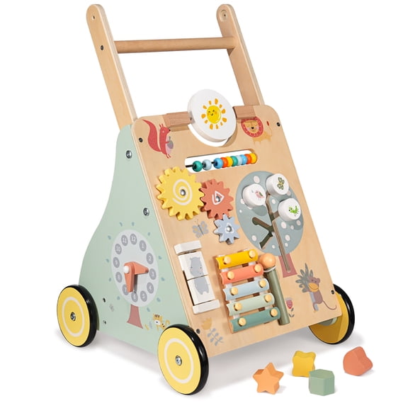 MoreFeel Wooden Baby Walker with Push-and-Pull Wheels for Boys and Girls