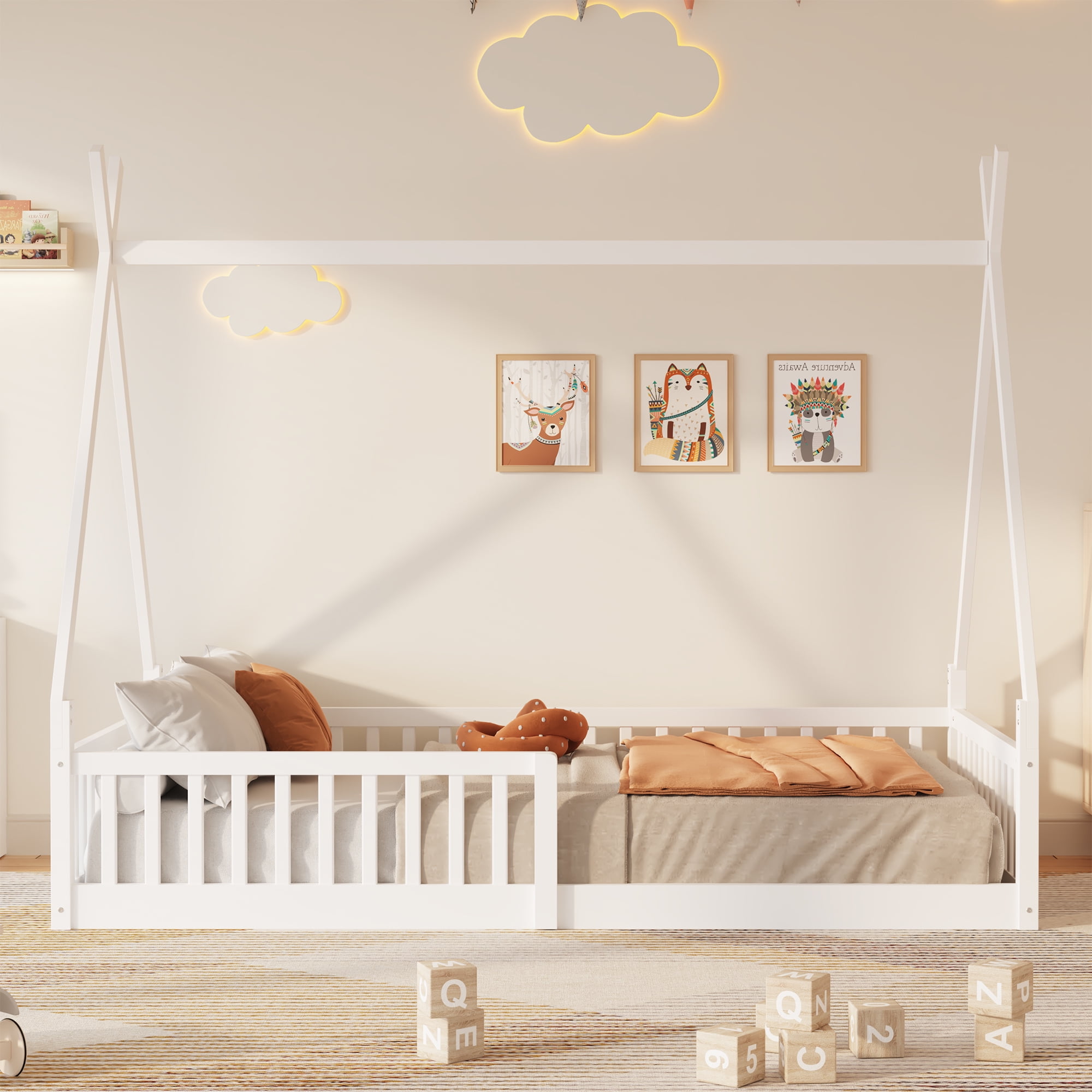 Harper & Bright Designs Floor Bed for Boys Girls, Twin Size Teepee Tent Beds, Montessori Floor Bed with Slats and Fence Rails, Wood House Bed Frame for Boys Girls, White