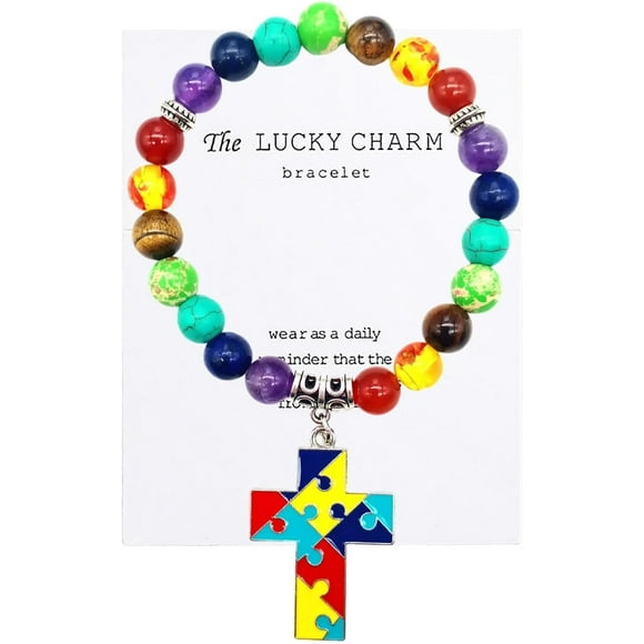shiyou-Autism Awareness 7 Chakra Gemstone Natural Stone Beaded Bracelet Love Heart Cross Ribbon Round Puzzle Elastic Cord Autistic Bracelet for Girl Boy Teen Women Men Friend Yoga Meditation Jewelry