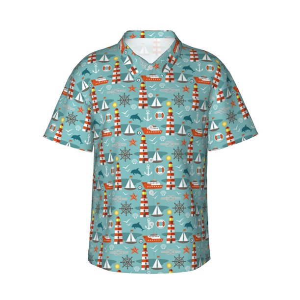 Fotbe Sea Lighthouse Camisa Hawaiana para Hombre Unisex – Camisa Casual de Verano con Botones de Manga Corta de Algodón y Lino,3X-Large