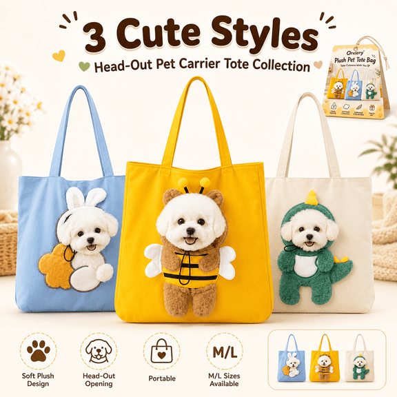 Pet Carrier Canvas Shoulder Tote Bag for Small Dogs & Cat, 3D Plush Character Head-Out Pet Carrying Purse, Cute Portable Puppy Cat Tote Bag for Walking Shopping Travel Outdoor Trips