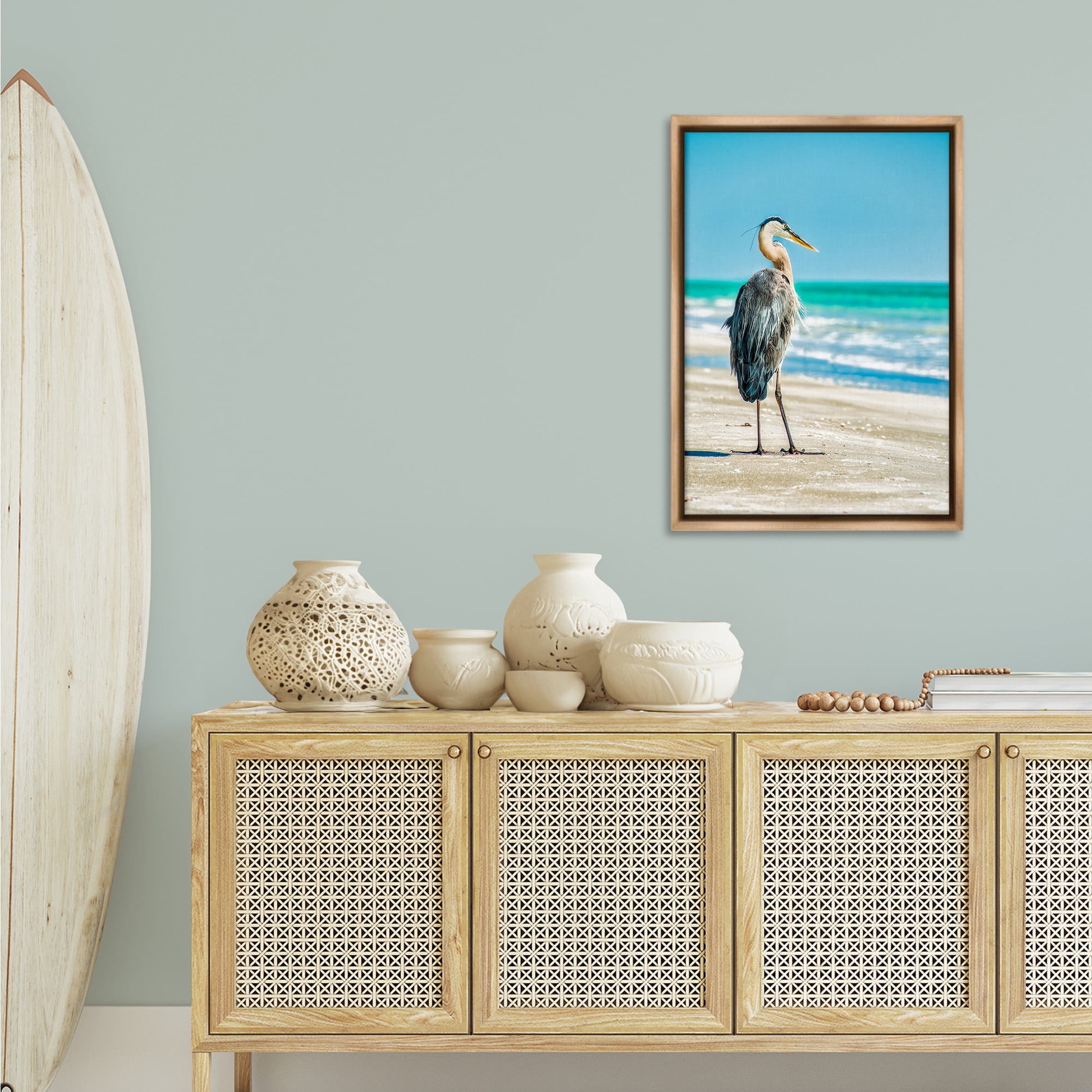 Stupell Industries Reflective Beach Bird Nautical & Beach Photography Brown Floater Framed Canvas Art Print Wall Art, 21 x 31