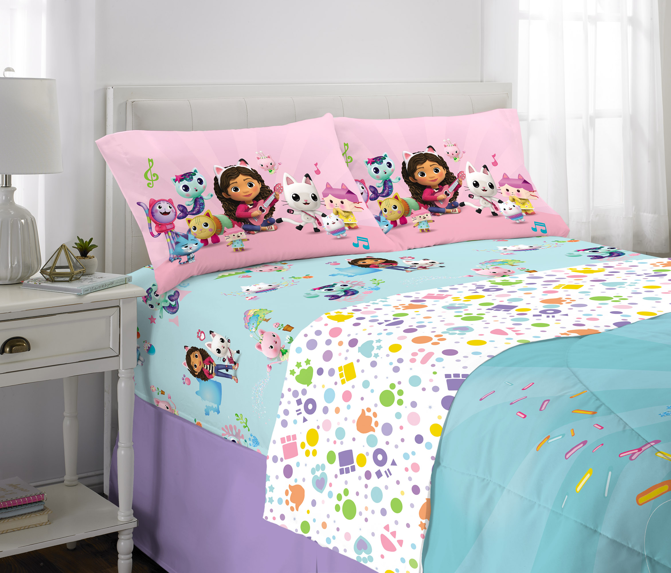 Gabby's Dollhouse Kids 5 Piece Teal Blue White Reversible Comforter, Bed in a Bag, Full