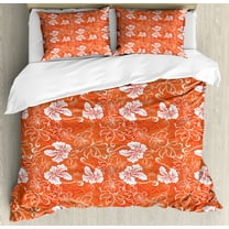 Orange Duvet Cover Set Queen Size, Hawaiian Pattern with Tropical Climate Hibiscus Flowers Abstract Summer Flourish, Decorative 3 Piece Bedding Set with 2 Pillow Shams, Orange White, by Ambesonne