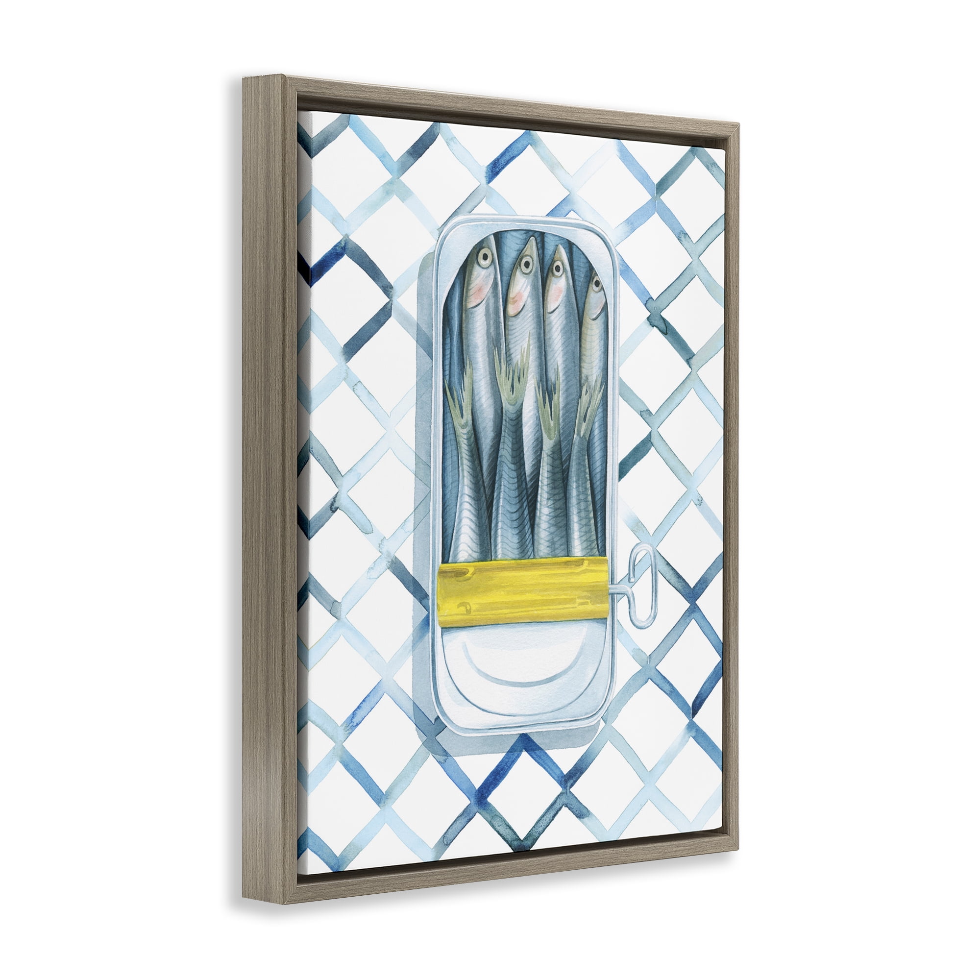 Stupell Industries Sardine Can on Pattern Food & Beverage Painting Brown Floater Framed Art Print Wall Art, 25 x 31