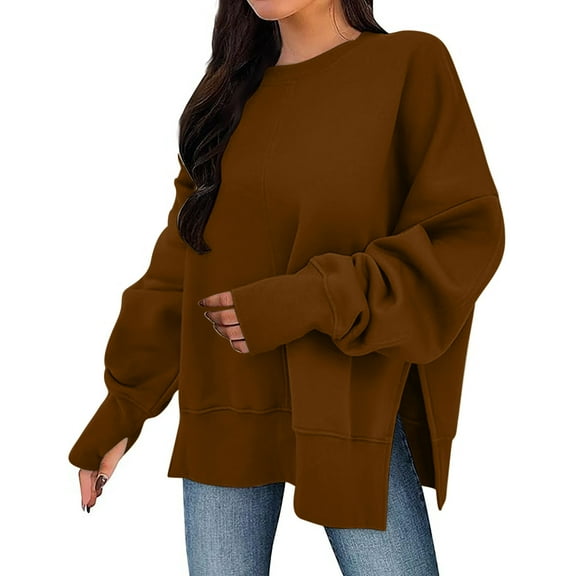Turilly Women Fashionable Sweatshirts Loose Fit Casual Solid Color Spliced Side Slit Hoodless Sweatshirt