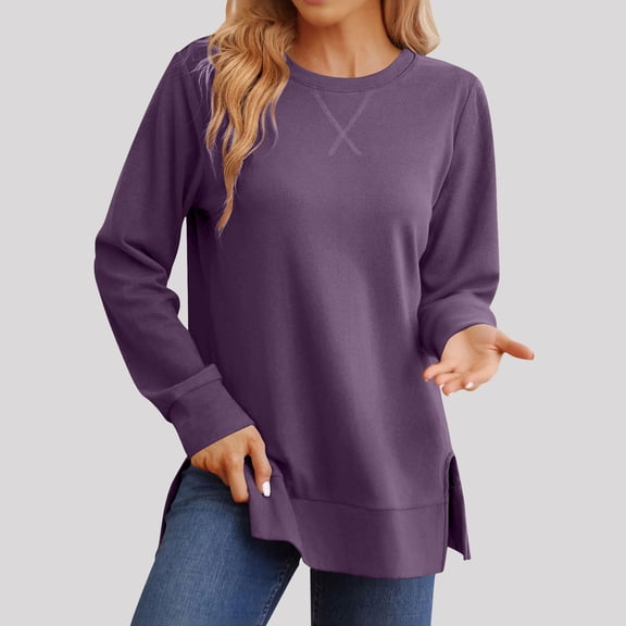 RRJ Women's Fall Winter Long Sleeve Pullover Tops Casual Round Neck Side Slit Curved Hem Solid Basic Tee Shirts, Purple S