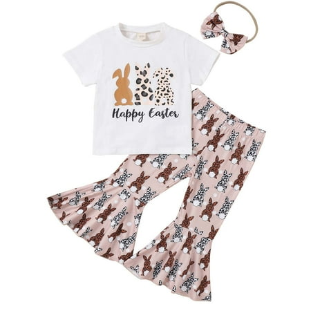 

Odeerbi Toddler Bunny Outfit Bell Bottom Pants Easter Baby Girls Short Sleeve Round Neck Blouses Cartoon Printing Flared Trousers with Hairband Three-piece Set White