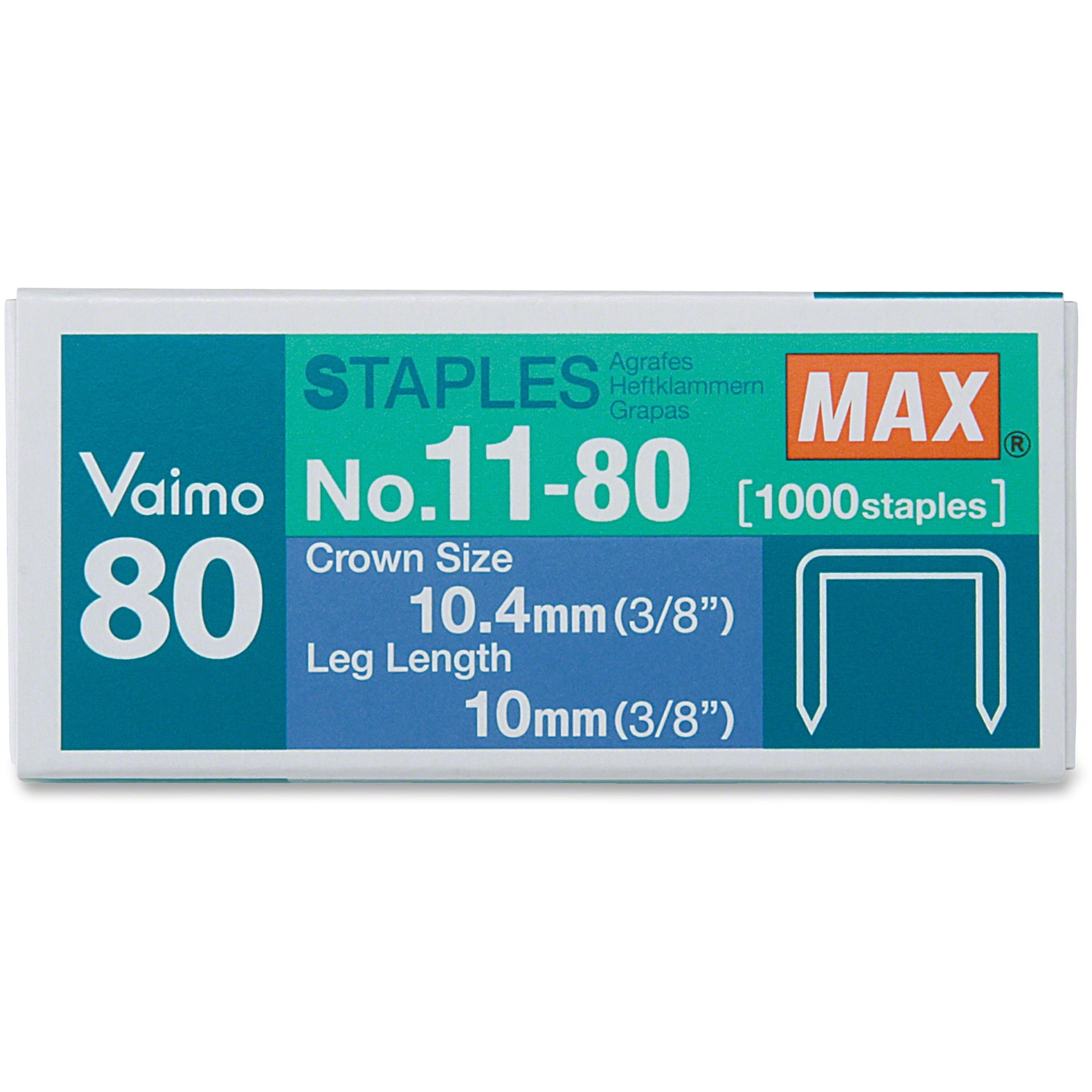 Max, MXB No. 11-80, Vaimo 80 Stapler Replacement Staples, 1000 Per Box, Silver