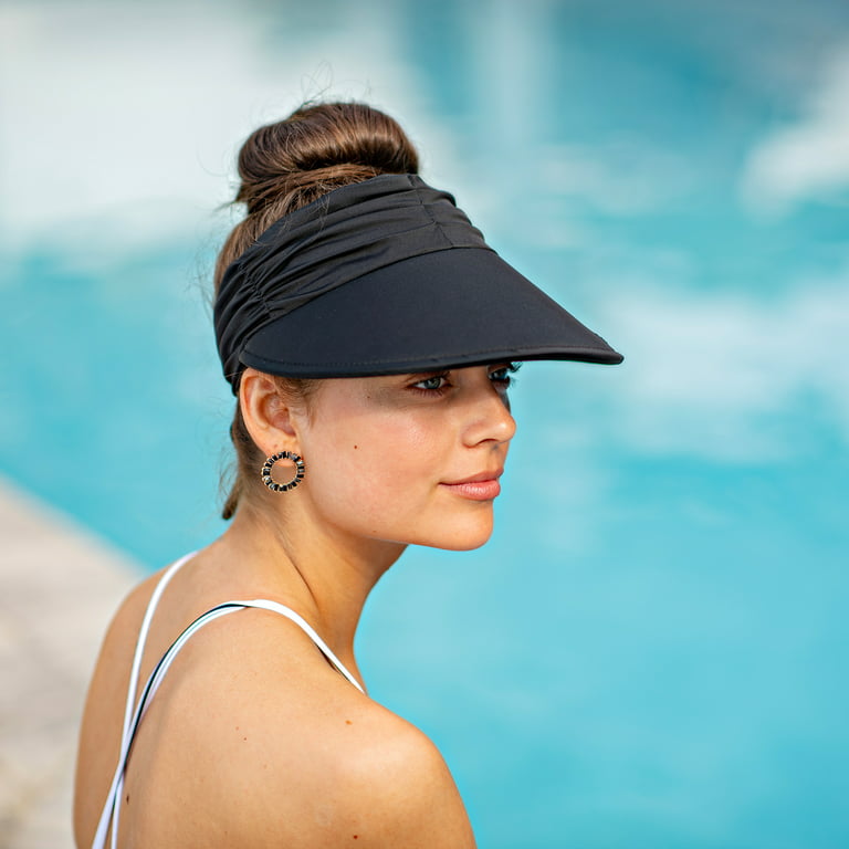 Panama Jack Women's Sun Visor Hat - Lightweight, Packable, Adjustable Tie,  4 Wide Floating Big Brim with Embroidered Logo (Black) 