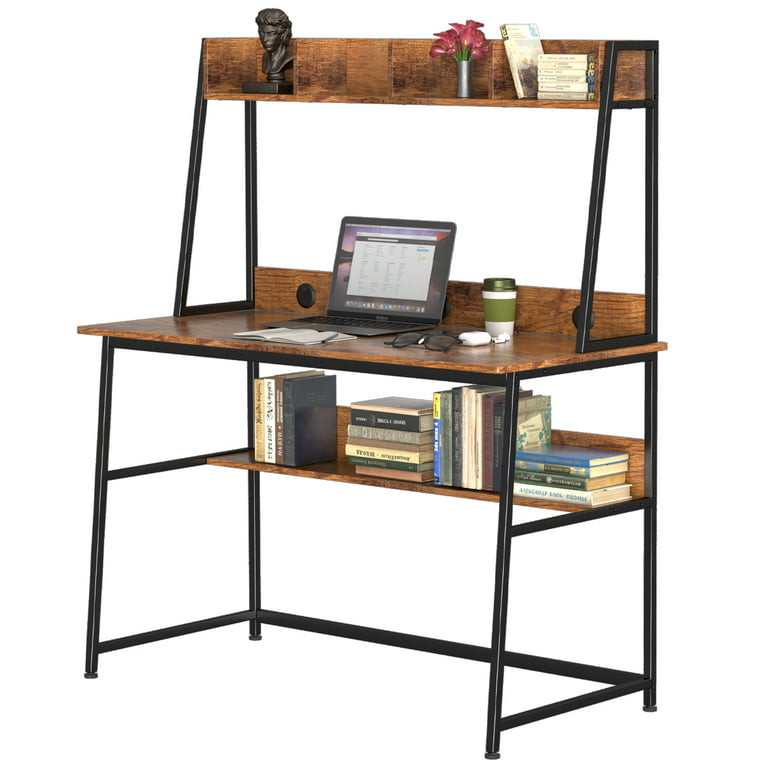 HNEBC LED Study Desk with Hutch and Drawer, Home Office Desk with Outlet,  Computer Desk with Charging Station, Writing Desk for Bedroom, Workstation  for Small Space 