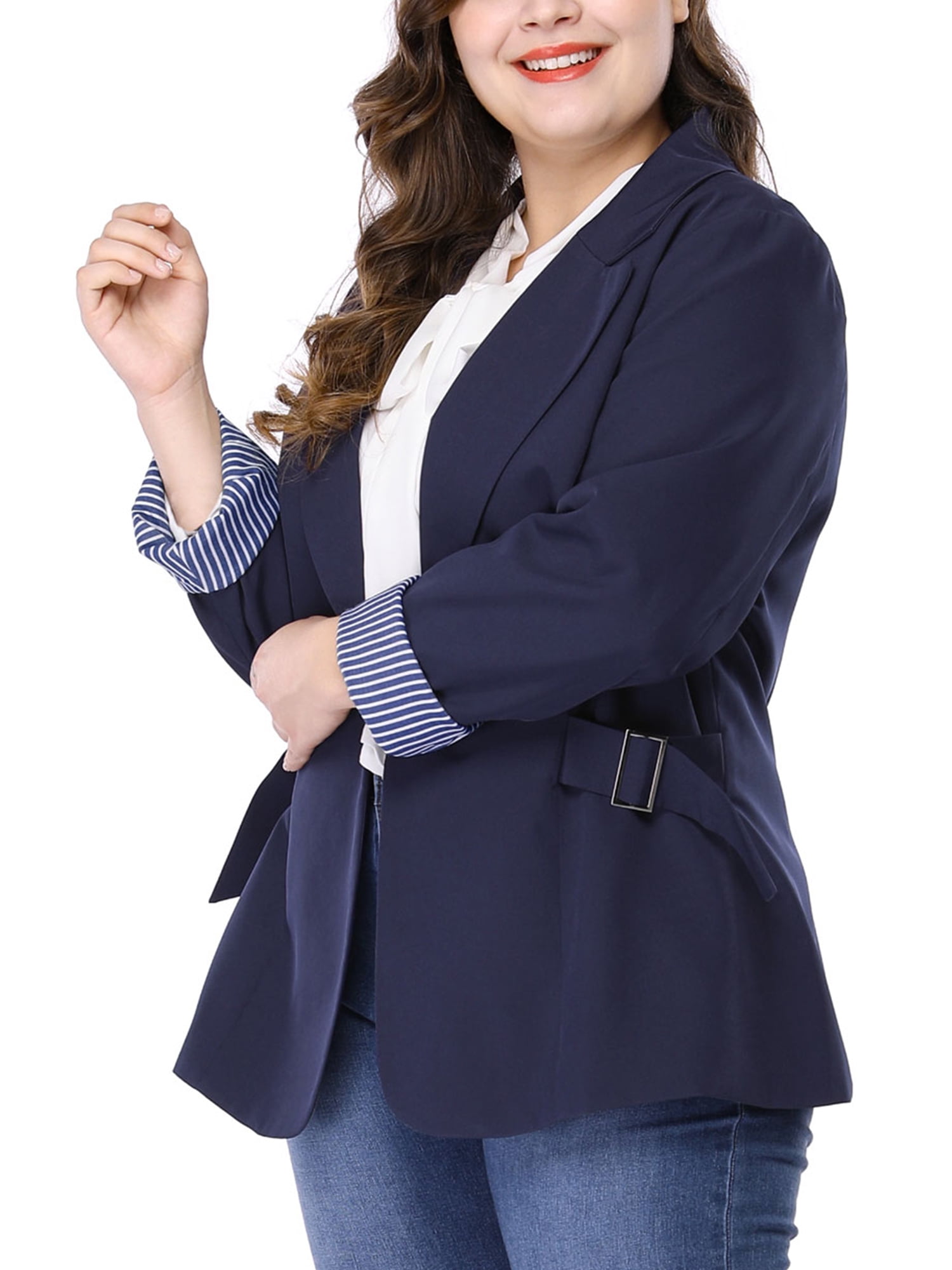 Unique Bargains Women's Plus Size Stripe Cuff Notched Lapel Casual Blazer
