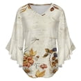 thumbnail image 5 of Fall Flowers Leaves Butterfly Dragonfly Oil Painting Women's V-Neck Blouse With 3/4 Ruffled Bell Sleeves Casual Top Ladies Blouses, 5 of 7
