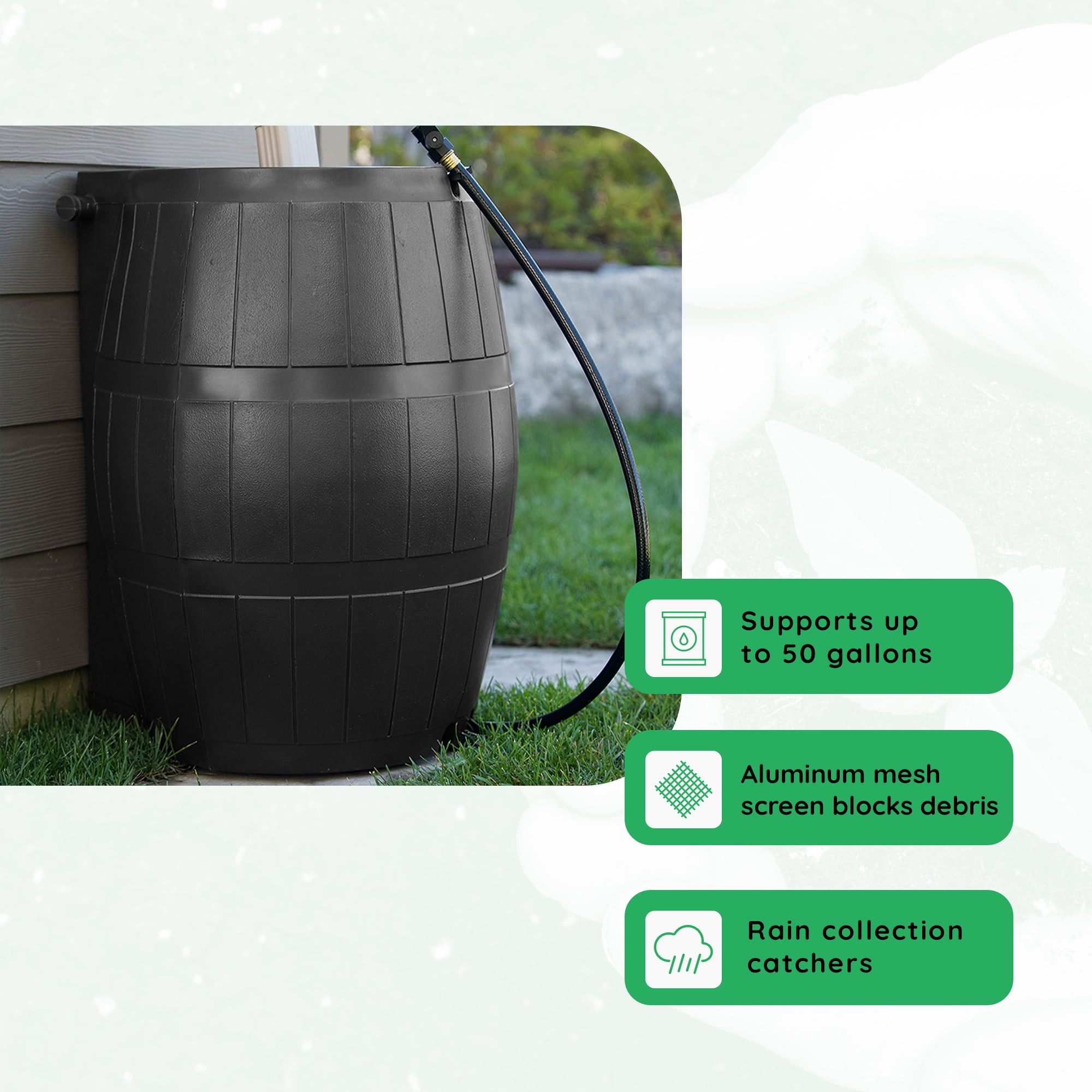 FCMP Outdoor RC4000 50 Gallon Outdoor Rain Water Catcher Barrel, Black