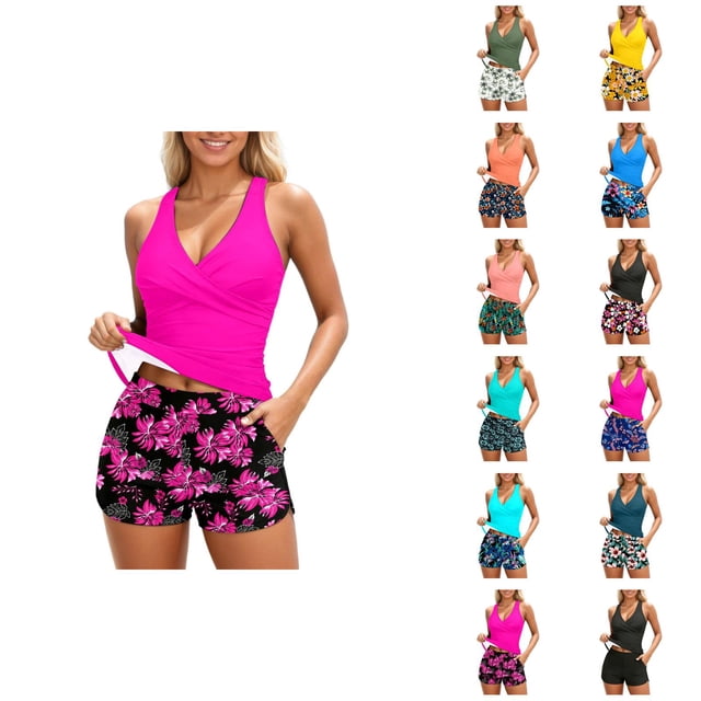 Tankini Swimsuits for Women 2026 Trendy Modest Deep V Neck Crossover Top with Swim Shorts Two Piece Bathing Suits Woman