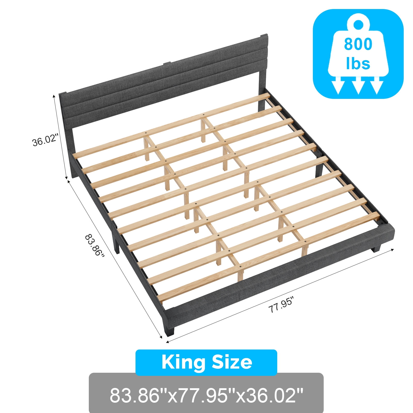 Zimtown King Platform Upholstered Bed Frame with Soft Adjustable Headboard, Wooden Mattress Foundation,No Box Spring Needed, Dark Gray