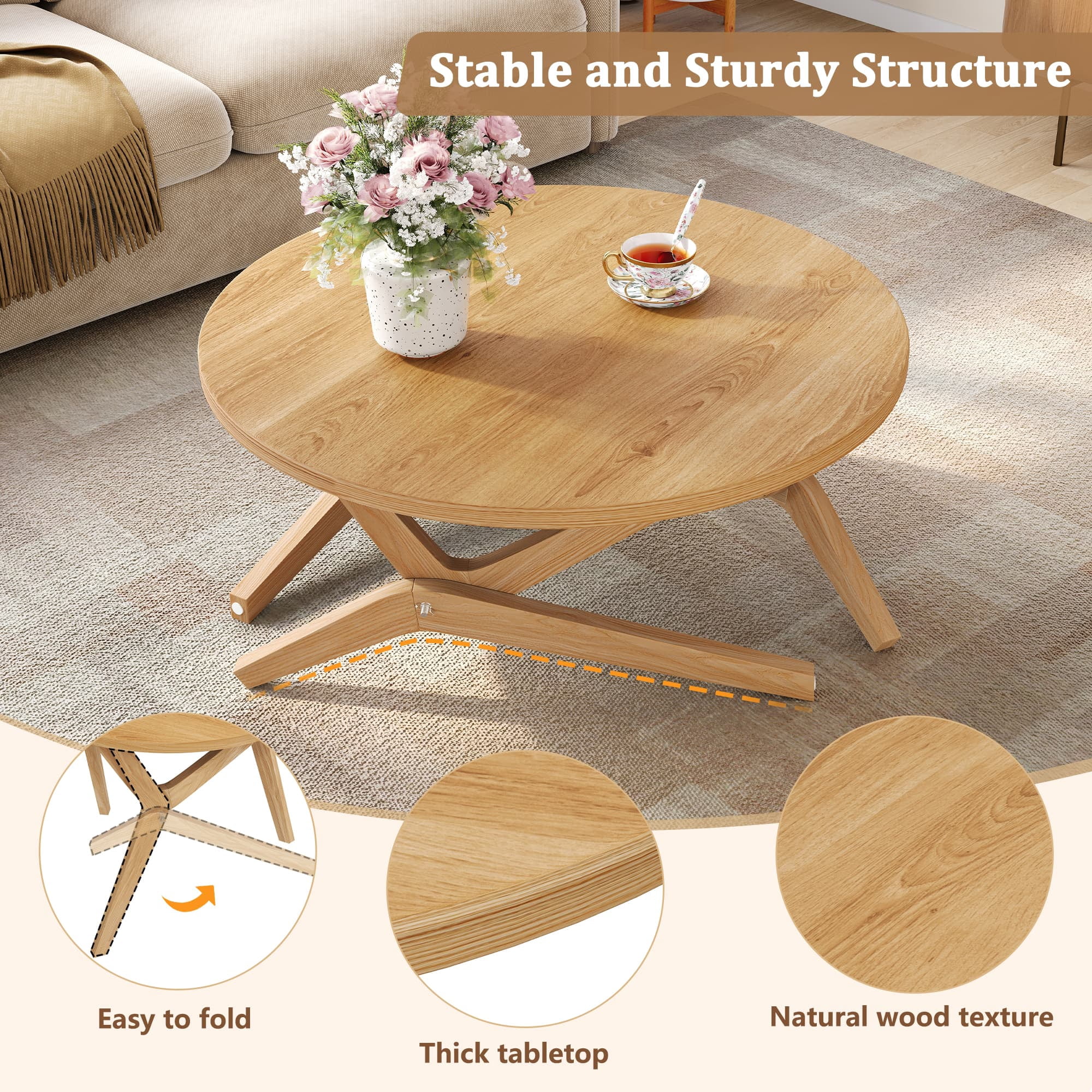 Aukfa 34.5" Convertible Round Dining Table to Coffee Table, Adjustable Height Wood Transformer Table for Small Space, Natural