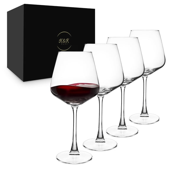 K&K Home Large Red Wine Glasses – Set of 4, 20.5 oz Wide Bowl – Crystal-Clear Glass Goblets for Cabernet, Pinot Noir, or Sangria – Sophisticated, Lead-Free Wine Glasses for Entertaining & Gifting