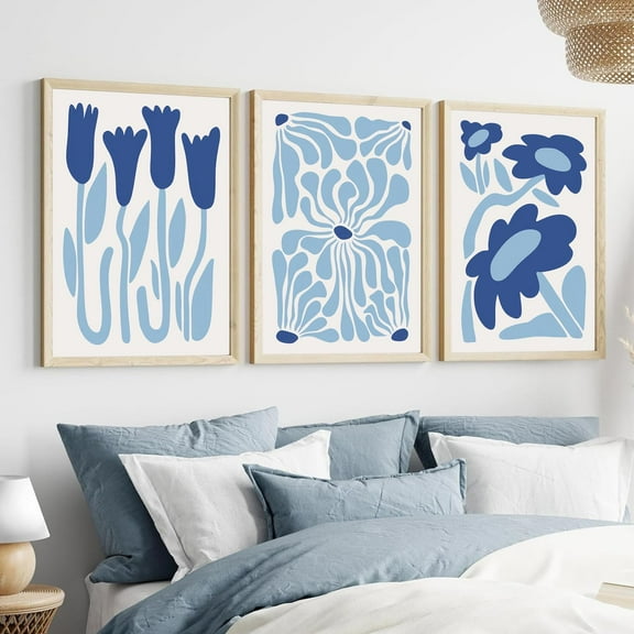 Hieng Blue Flower Poster Set of 3, Henri Matisse Light Blue Aesthetic Wall Art, Abstract Gallery Canvas Painting Decor Pictures Prints for Bedroom Living Room Bathroom