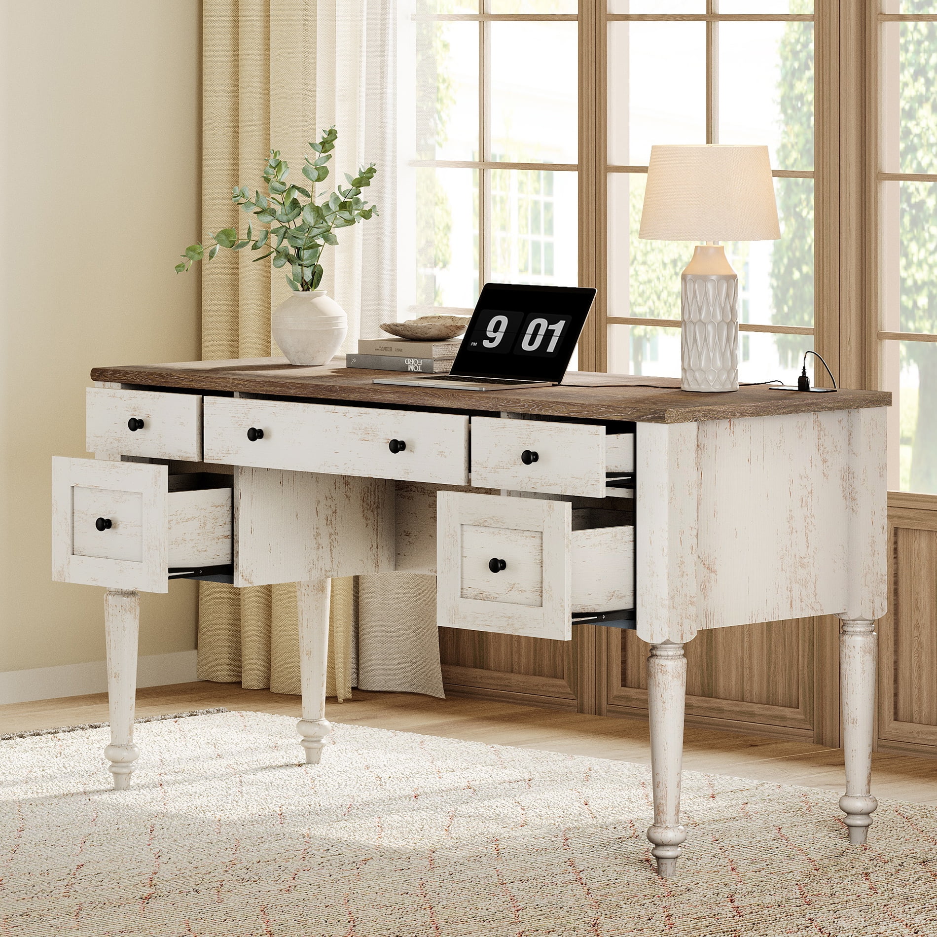 WAMAPT Farmhouse Executive Desk with 5 Drawers, Home Office Desk with Charging Station, Wooden Computer Desk with File Cabinet Storage, Door, Open Shelf for Work and Study, Rustic White, 55 inch