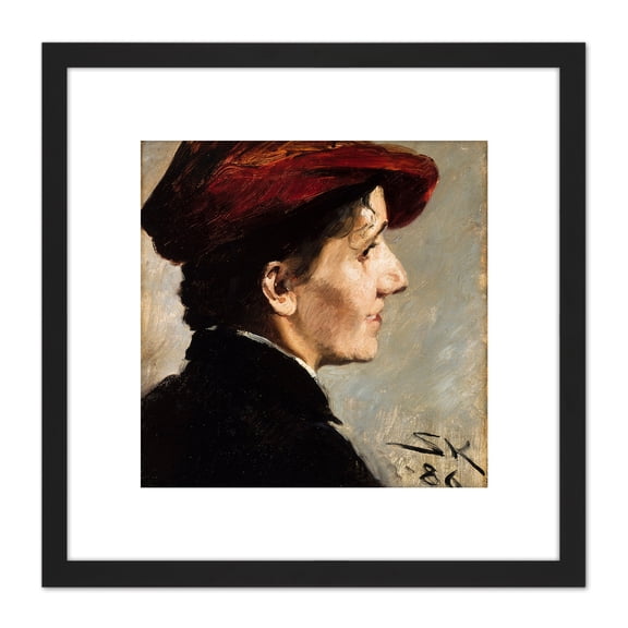 Kroyer Marianne Stokes Red Hat Portrait Painting 8X8 Inch Square Wooden Framed Wall Art Print Picture with Mount
