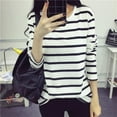 thumbnail image 2 of Feiona Women T-shirt Casual Top Black White Striped T-shirt Round Neck Long Sleeve for Spring Autumn Winter Basic, 2 of 5