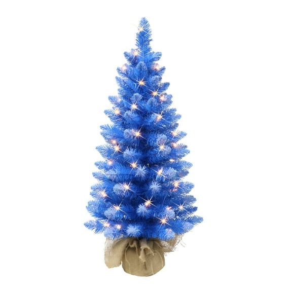 3 ft Pre-lit Fashion Blue Tree 97 Tips 50 UL Clear Incandescent Lights Burlap Base