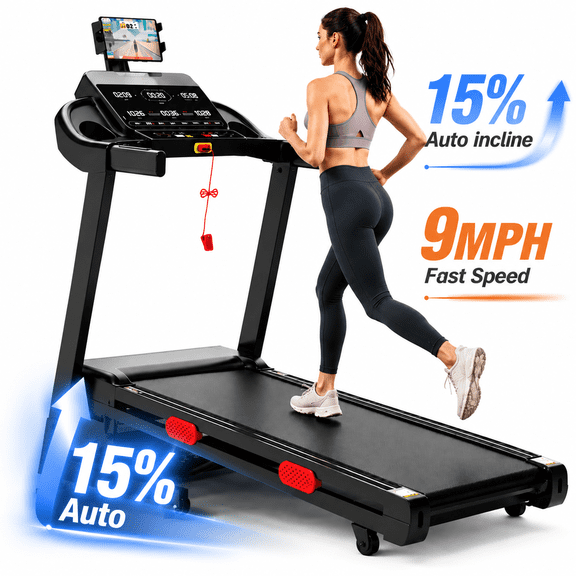 15% Auto Incline Treadmill,3.7HP Electric Treadmill for Home w/ 9MPH Speed,APP Control w/ Free Courses,300-330lbs Capacity,Folding Treadmill w/ 6 Screens,Running Walking Exercise Equipment