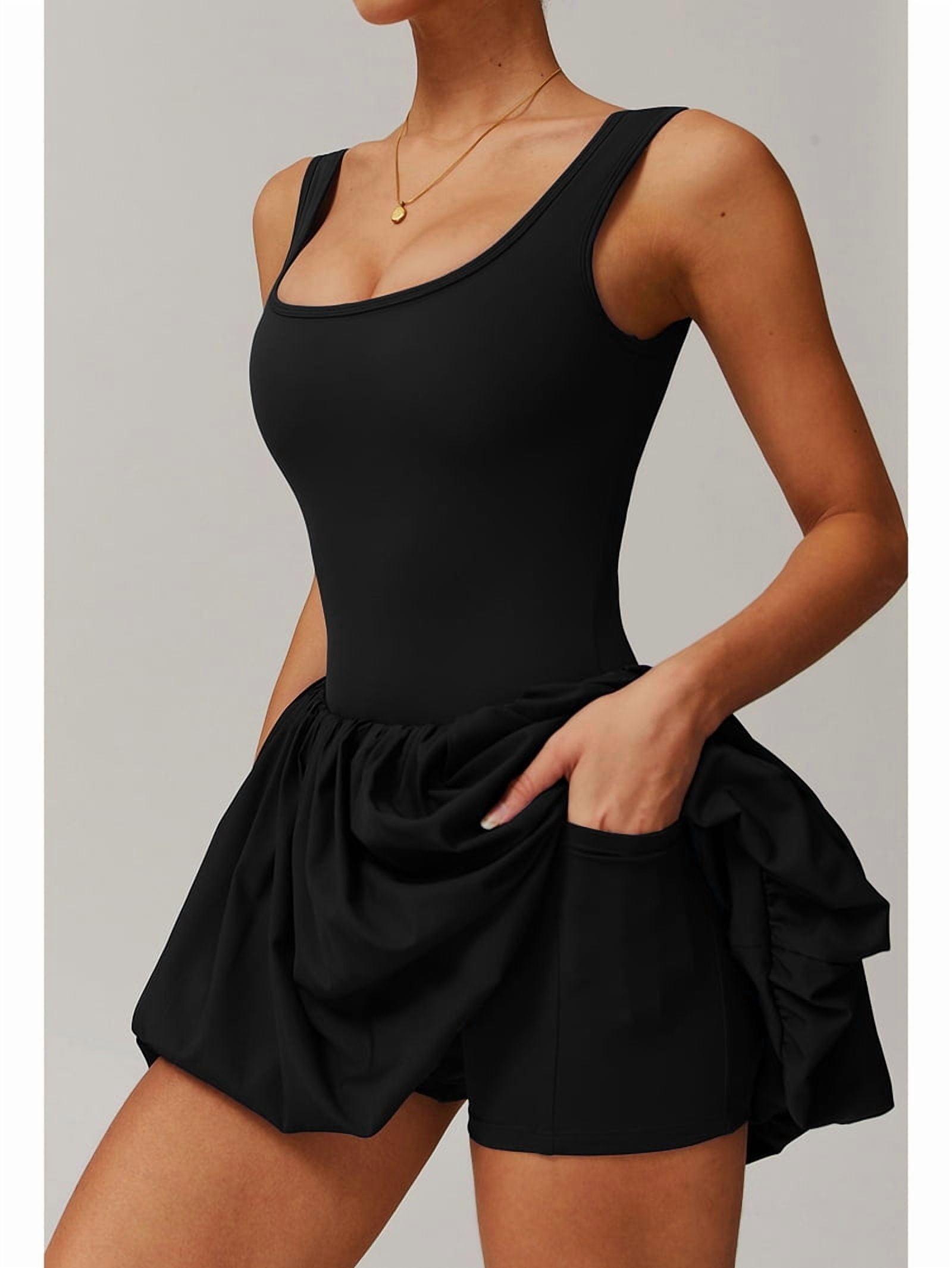 Womens Bubble Tennis Dress Squre Neck Sleeveless Workout Golf Athletic Dresses Build in Shorts with Pockets
