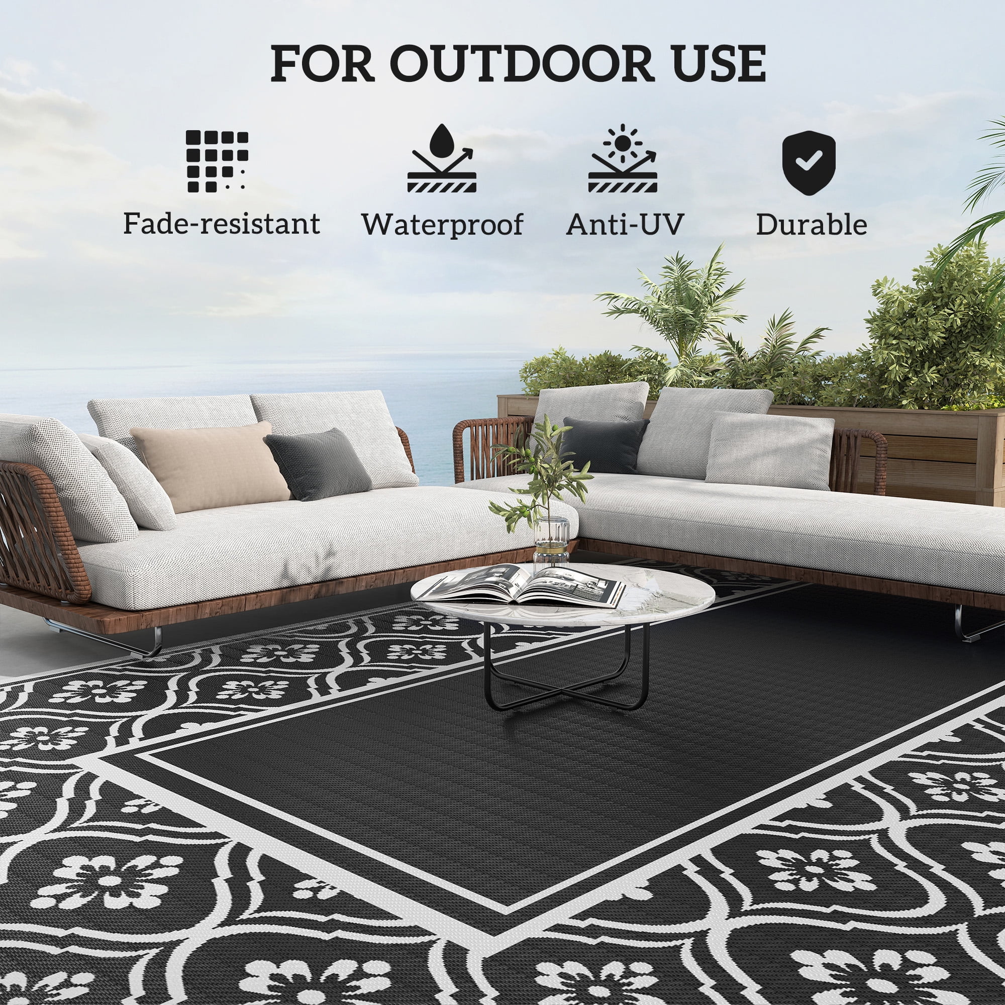 Outsunny Outdoor Patio Rug, Large Camping Carpet with Carrying Bag, 9' x 18' Waterproof Plastic Straw, Reversible, Black & White Gourd Border