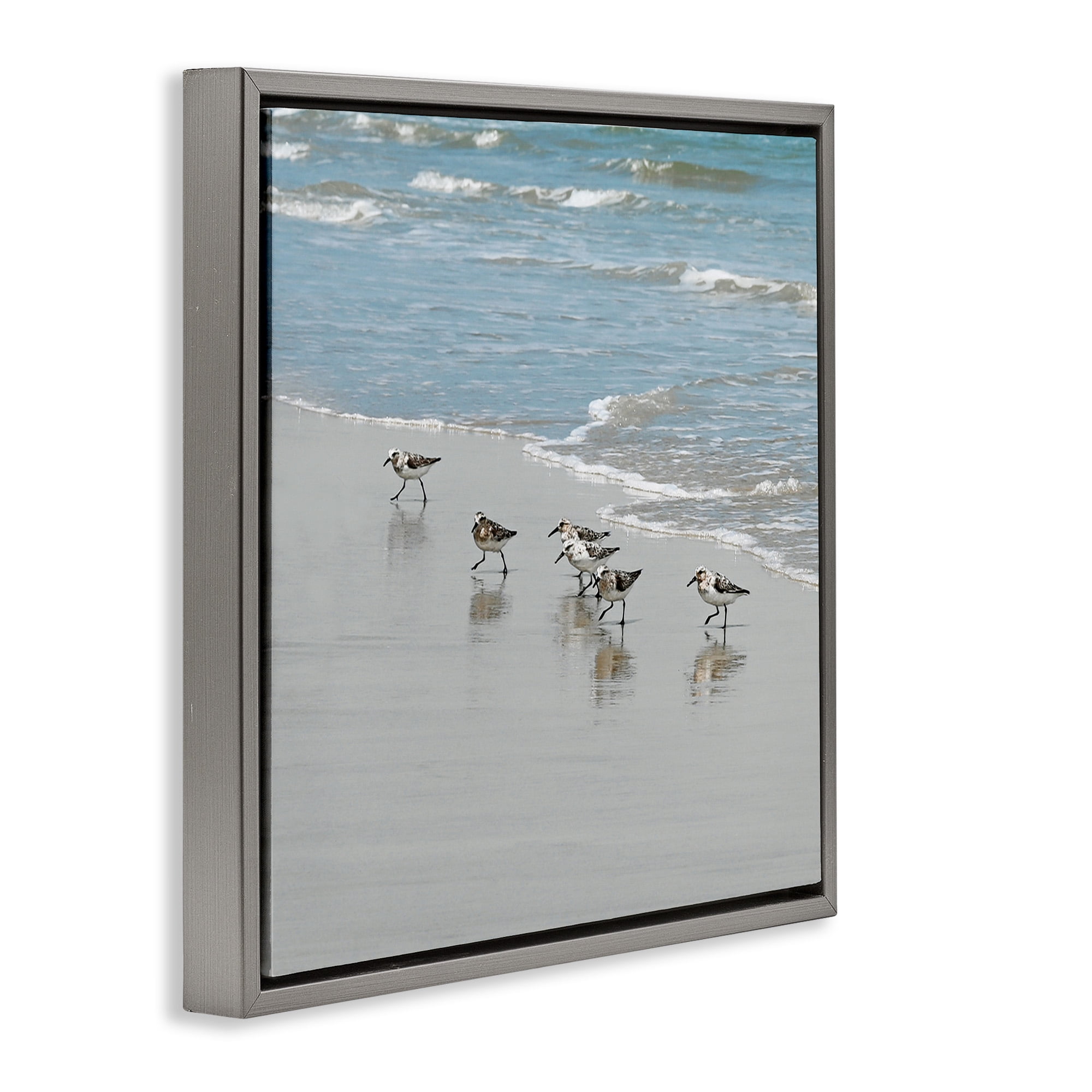 Stupell Industries Sandpipers on Shore Reflection Nature Painting Gray Floater Framed Canvas Art Print Wall Art, 25 x 25