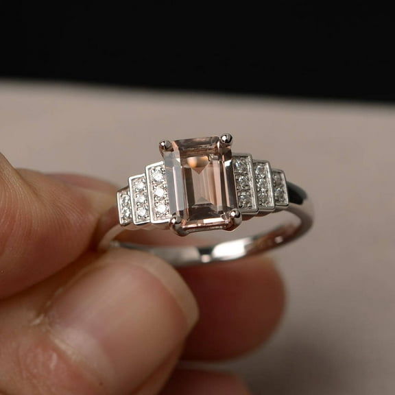 Natural Pink Morganite Ring Engagement Ring Emerald Cut Gemstone Ring Sterling Silver Ring Women Jewelry