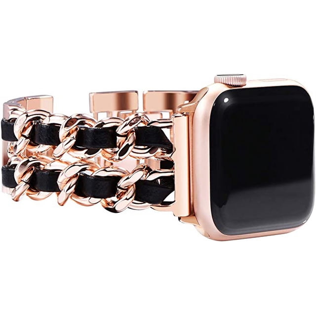 Cadena Dorada Cuero Negro Oro Rosa, Correa de Metal de Doble Fila para Mujer Compatible con Apple Watch 42 mm 44 mm 45 mm, Correa de Acero Inoxidable iWatch Series 8/7/6/5/4/3/2/1/SE (2022/2020)