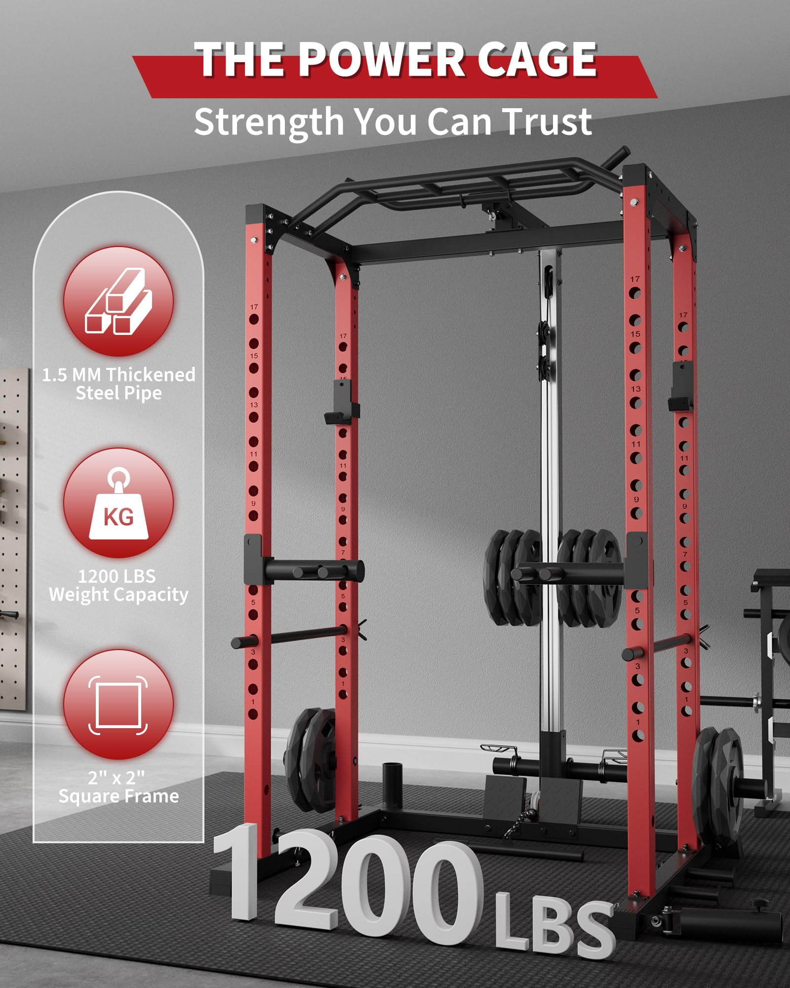 Power Cage with LAT Pull Down System, Multi-Functional Squat Rack with Low Row System, J-Hooks, Dip Bars, Pull Up Bar, 2000 LB Heavy Duty Power Rack Fitness Equipment for Home Gym