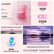 Coolby Pink Laptop,15.6 Laptop Computer,16GB RAM 512GB SSD,6500Y Processor (Beats N5095 up to 3.4GHz), Lightweight Notebook PC for Student Business Office, Win 11 Laptop, Office 2024,