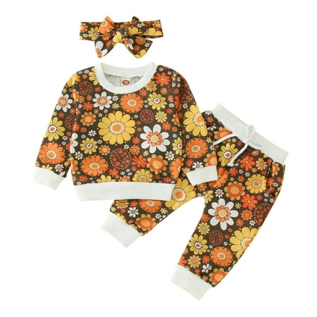 

Zlekejiko Toddler Girls Autumn Long Sleeve Flower Prints Tops Pants Trousers With Headband 3PCS Outfits Clothes Set