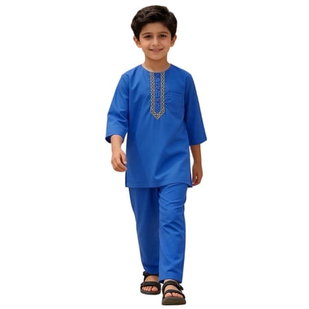 VNKIDY Boys Kids Two Piece Traditional Outfit Set Long Sleeve Embroidered Henley Tunic Matching Long Pants Casual Set For Holiday Daily Wear Blue 11-12 Years