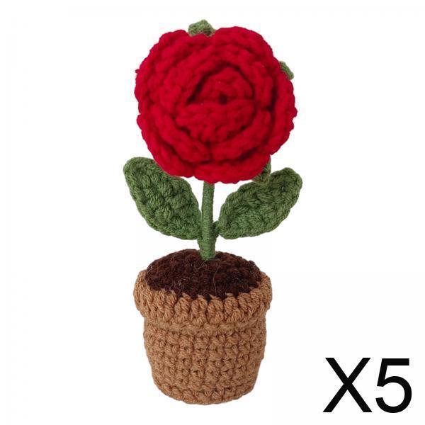 Ramo de punto,Minimaceta de flores de crochet hecha a mano para escritorio,Flor tejida a mano para el día de San Valentín en casa o en la oficina,Flor artificial tejida a mano de