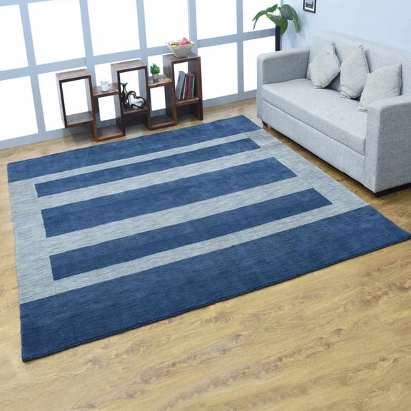 Rugsotic Carpets Hand Knotted Wool Area Rug 3'x5' Blue Light Blue Contemporary Rectangle Indoor Rug for Living Room, Bedroom Antimicrobial L0B904