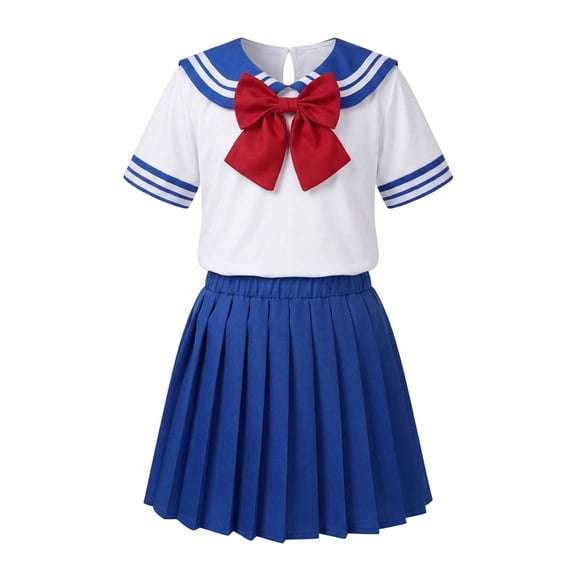 Girls Sailor Uniform 2-Piece Set Cheerleader Style Short Sleeve Top with Bow Pleated Skirt for Kids Back to School Performances Stage Show(Blue-Skirt,6-7 Years)