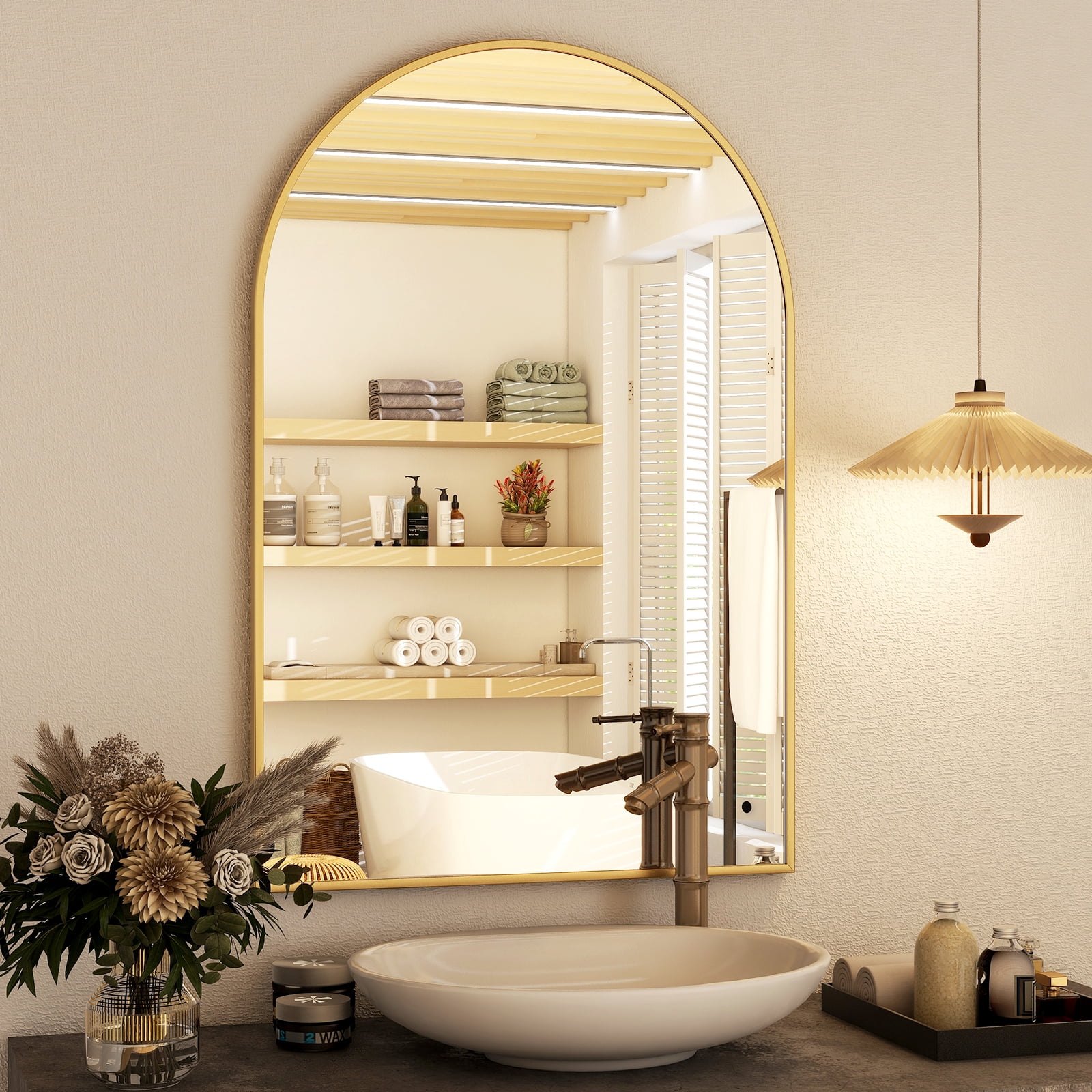 SHATTERVIEW 24"x36" Arched Bathroom Mirror Vanity Wall Mounted Mirror, Gold