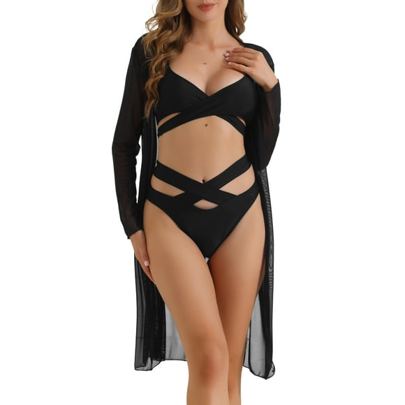 Conjuntos de bikini ajustables de tirantes cruzados INSPIRE CHIC para mujer, traje de baño de 3 piezas con acentos transpirables, pequeño, negro