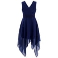 thumbnail image 3 of Linjinx Kids Flower Girls Chiffon V Back Wedding Bridesmaid Dress Asymmetric Hem Pleated Waist Navy Blue 14, 3 of 7