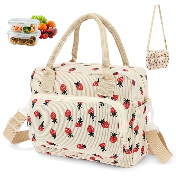 Insulated Lunch Bag for Women Men Cute Corduroy Lunch Box Leakproof Tote with Adjustable Shoulder Strap Strawberry Pattern for School Work Travel