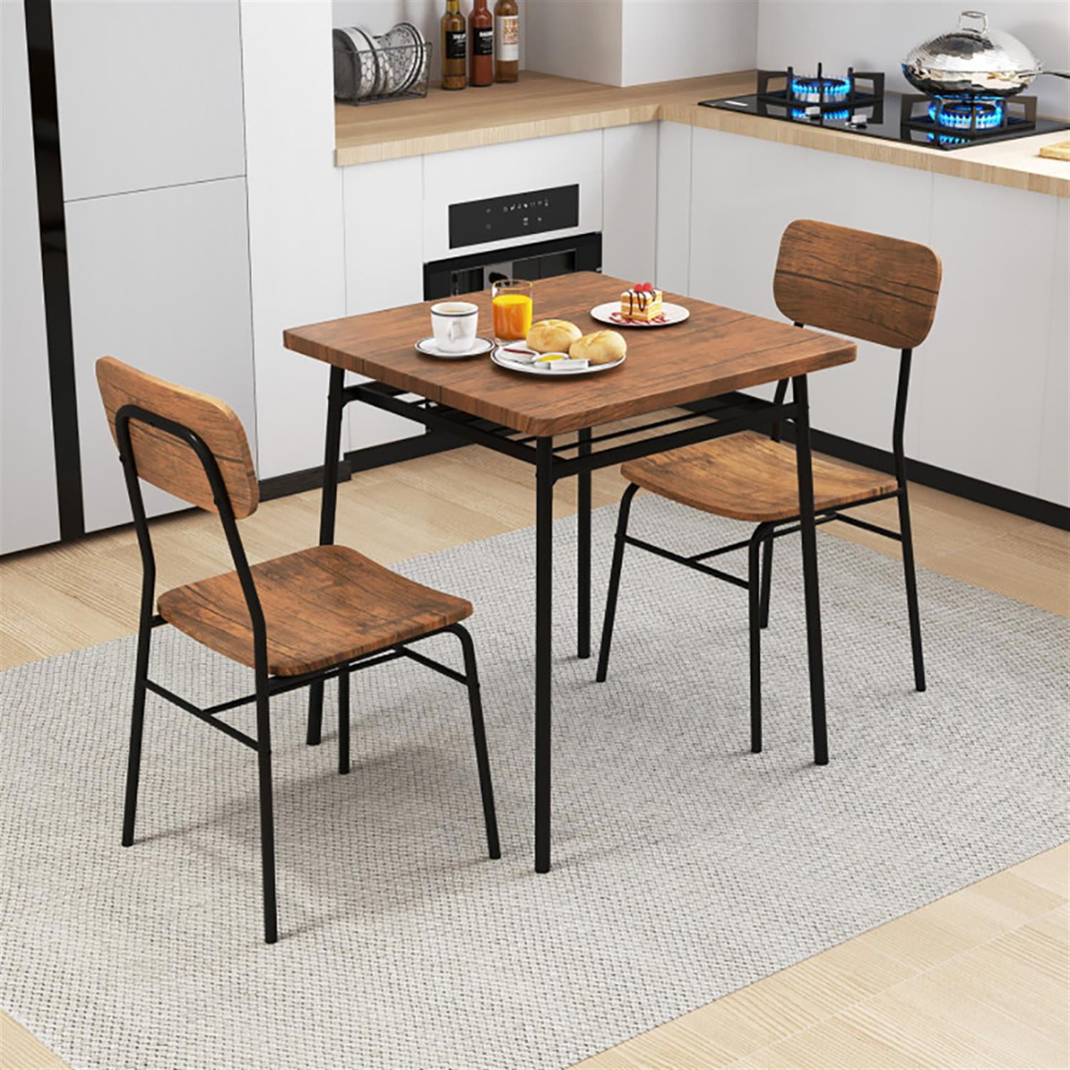 Demi Bonn 3-Piece Dining Table Set with 2 Chairs, 28" Wood Square Kitchen Table with Metal Frame, Perfect for Small Space, Brown