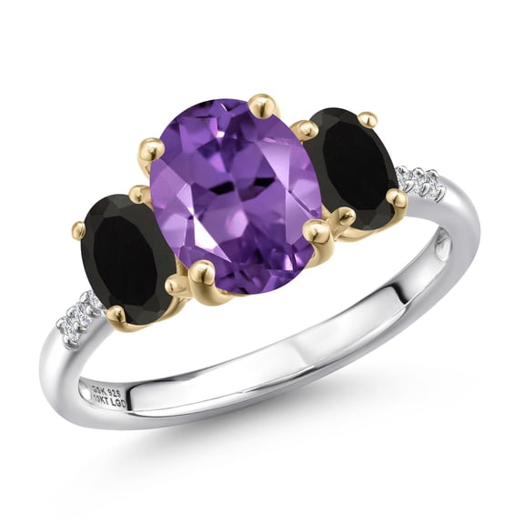 Gem Stone King 925 Silver and 10K Yellow Gold Purple Amethyst and Black Onyx and Lab Grown Diamond Engagement Ring for Women | 2.46 Cttw | Oval 9X7MM | February Birthstone | Size 6