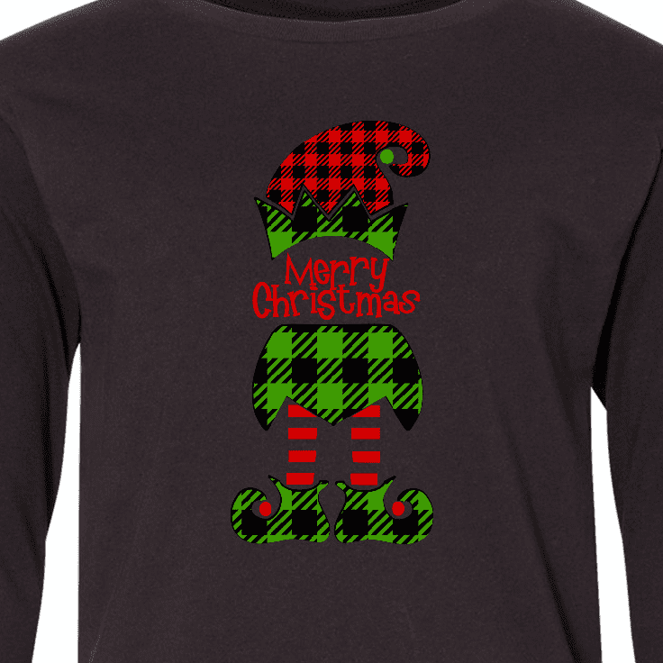 Inktastic Merry Christmas Elf in Red and Green Plaid Long Sleeve Youth T-Shirt