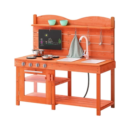 VEVOR Mud Kitchen for Kids, Wooden Toy Play Kitchen Set, Outdoor Toddler Grocery Store Playset for Boys & Girls, Pretend Play Kitchen with Stoves, Sink, Faucet,Blackboard, Cookware Pots, Accessories